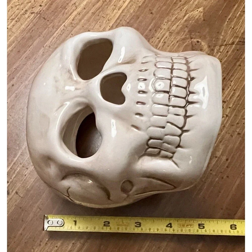 Halloween Skull Skeleton White Ceramic Votive Candle Holder Gothic Decor 5”